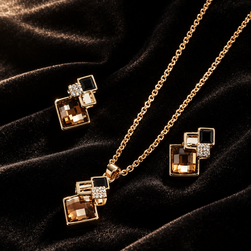 The Champagne Crystal Pendant flat lay on dark velvet