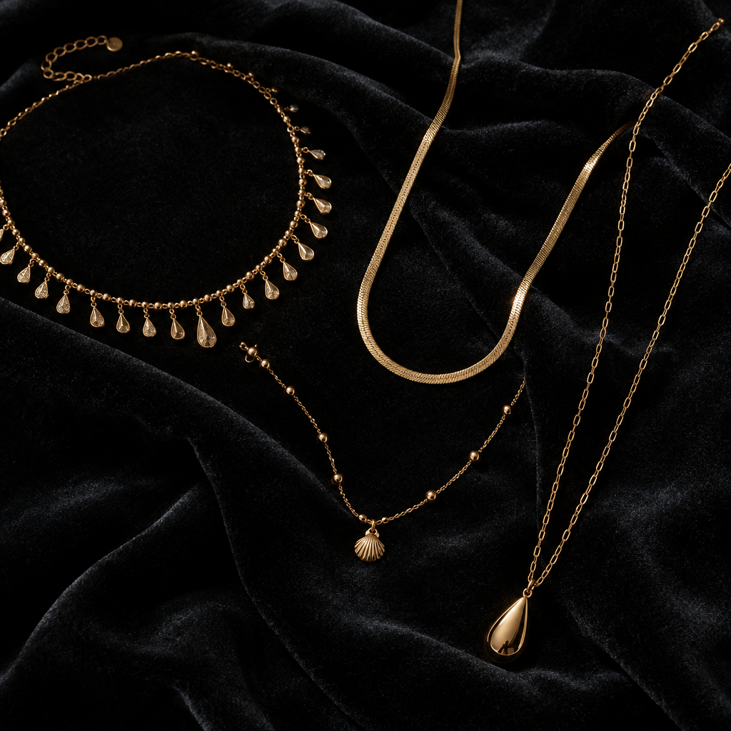 Aurelia Cascade Necklace flat lay on dark velvet